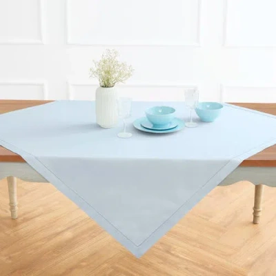 Solino Home Cotton Linen Hemstitch Table Throw 52 X 52 Inch For Dining Table, Holiday And Everyday T In Blue