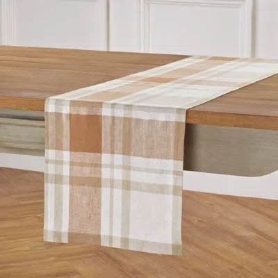 Solino Home Fall Harvest Plaid - 100% Pure Linen Table Runner In White;beige;orange;ivory