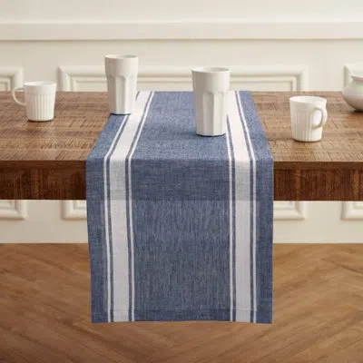 Solino Home Farmhouse Stripe - 100% Pure Linen Table Runner In Blue,white