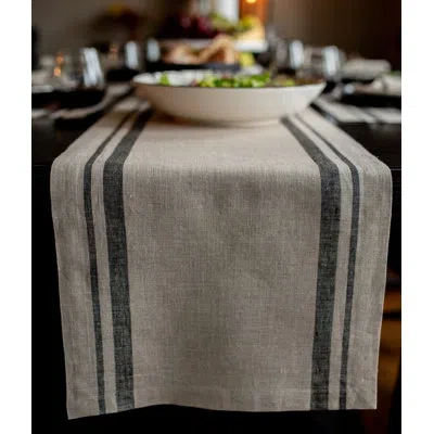 Solino Home French Stripe - 100% Pure Linen Table Runner In Black,natural