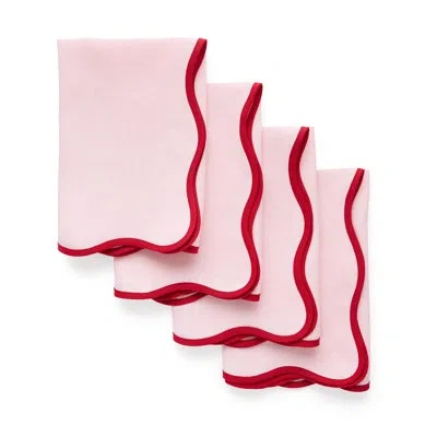 Solino Home Giselle Scallop Edge - 100% Pure Linen Dinner Napkins In Red And Pink