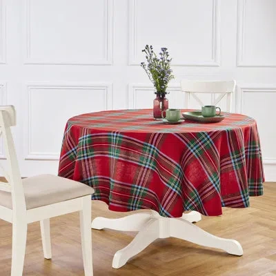 Solino Home Madras Holiday Plaid - 100% Pure Linen Round Tablecloth In Red