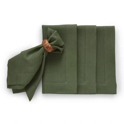 Solino Home Medium Weight Hemstitch - 100% Pure Linen Dinner Napkins In Desert Green