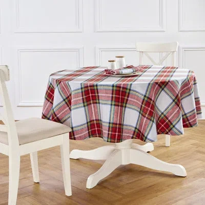 Solino Home Stewart Plaid - 100% Pure Linen Christmas Round Tablecloth In White