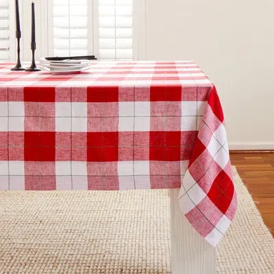 Solino Home Very Merry Plaid - 100% Pure Linen Christmas Tablecloth In White;red