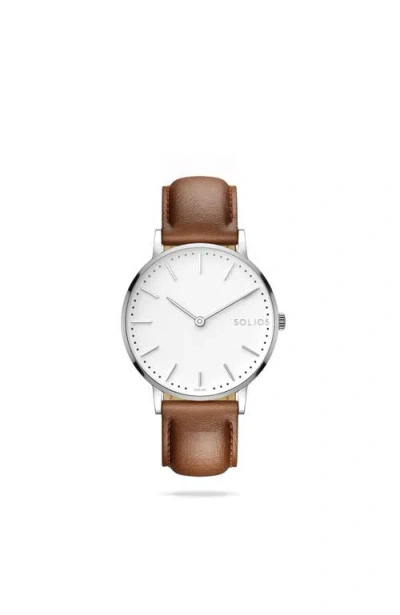 Solios Watches The Solar Classic | White Dial In Brown Vegan Leather