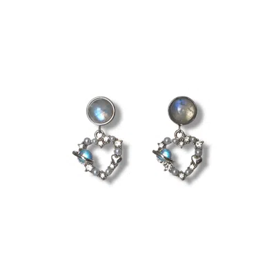 Solistial Women's Blue / Silver Celestial Love Rainbow Moonstone Dangle & Drop Heart Charm Cubic Zirconia Earr