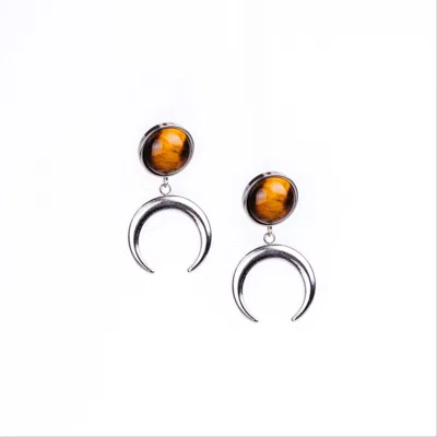 Solistial Women's Silver / Brown Anuk Tiger's Eye Moon Brown Earrings Silver In Multi