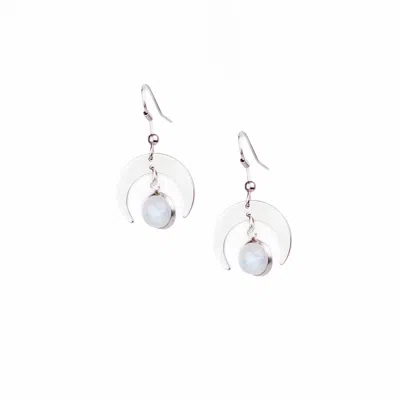 Solistial Women's Silver / White Moonshadow Rainbow Moonstone Dainty Crescent Moon Dangle Earrings Silver
