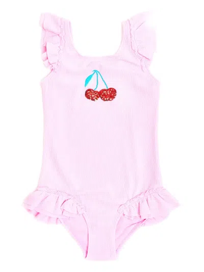 Soliswim Kids' Cherry-embroidered Swimsuit In Pink