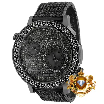 Pre-owned Solitaire 2 Time Zone Chronograph Real Diamond Dial 18k Black Gold Finish Watch