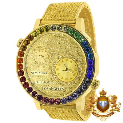 Pre-owned Solitaire Mens Gold Finish Watch Canary Multi Tone Chronograph Real Diamond Dial