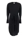 Solocascmir Black Crewneck Dress With Front Belt In Cashmere Woman In Black
