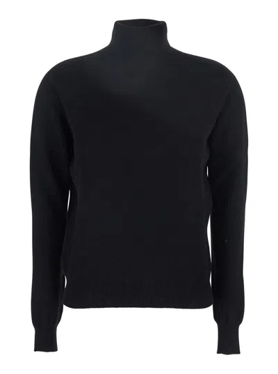 Solocascmir Black Turtleneck Sweater With Ribbed Trims In Cashmere Woman