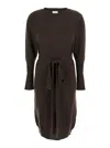 Solocascmir Brown Crewneck Dress With Front Belt In Cashmere Woman In Brown