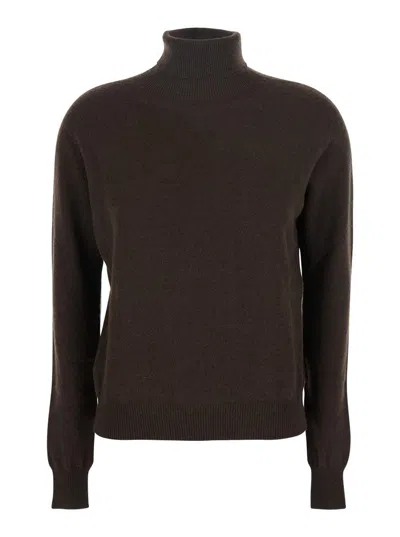Solocascmir Brown Turtleneck Sweater With Ribbed Trims In Cashmere Woman