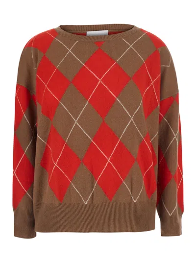 Solocascmir Tech Fabric Argyle Sweater With Round Neck And Long Sleeves In Brown