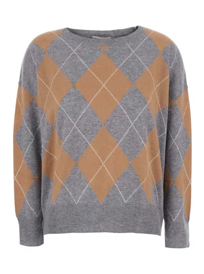 Solocascmir Tech Fabric Sweater With Round Neck And Diamond Motif In Gray
