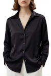 Solomon & Sage Button Down Satin Silk Shirt In Black