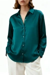Solomon & Sage Button Down Satin Silk Shirt In Green