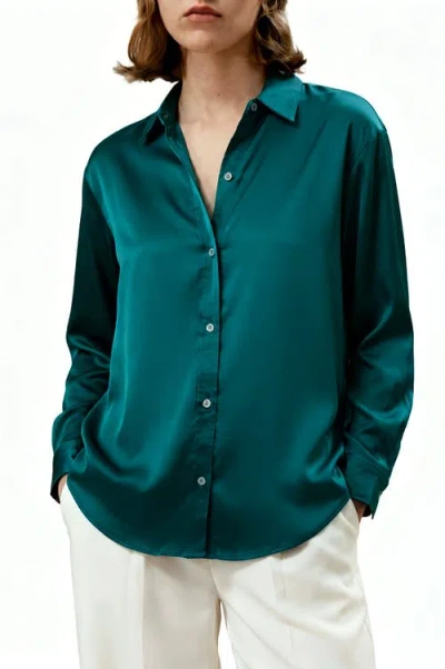 Solomon & Sage Button Down Satin Silk Shirt In Green