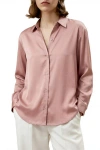 Solomon & Sage Button Down Satin Silk Shirt In Pink