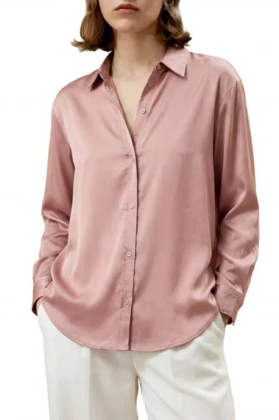 Solomon & Sage Button Down Satin Silk Shirt In Pink
