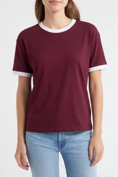 Solomon & Sage Regular Fit Contrast Trim Ringer Cotton T-shirt In Burgundy