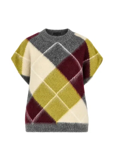 Solotre Argyle-knit Short-sleeve Sweater In Gray