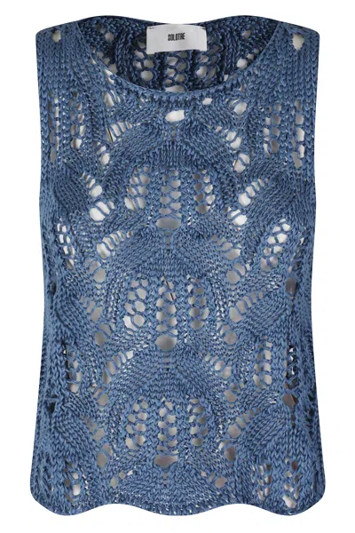 Solotre Cerulean Perforated Crochet Linen Tank Top In Multi