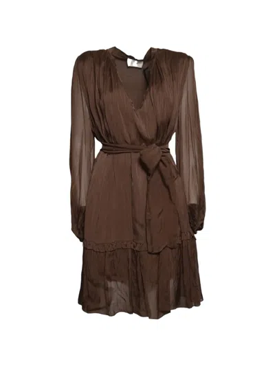 Solotre Crinkled-finish Belted Dress In Brown