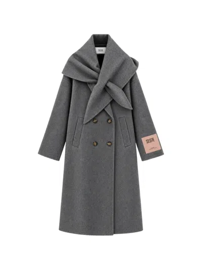 Solotre Double-breasted Scarf-collar Coat In Gray