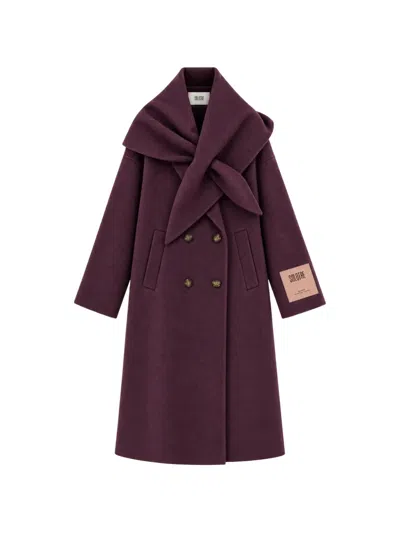 Solotre Double-breasted Scarf-collar Coat In Purple