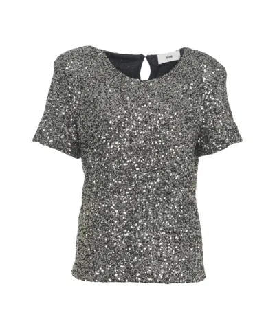 Solotre Glamorous Sequin-embellished T-shirt With Back Cutout In Gray