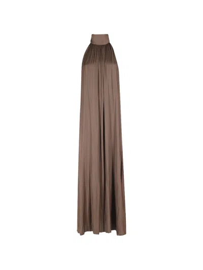 Solotre Halterneck Gathered Dress In Brown