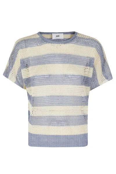 Solotre Milk Blue Striped Mesh Linen-blend Short-sleeve Sweater