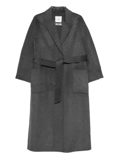 Solotre Peak-lapels Belted Coat In Gray