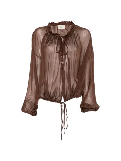 Solotre Ruffled-trim Sheer Blouse In Brown