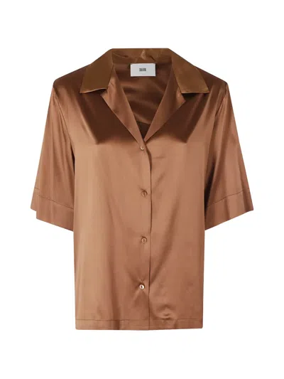 Solotre Satin-finish Short-sleeved Shirt In Brown