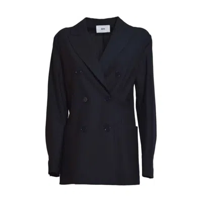 SOLOTRE STRUCTURED BLUE JACKET WITH STAND COLLAR AND SEAM DETAILING