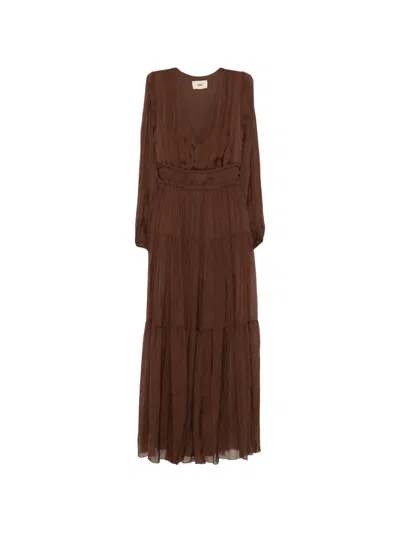 Solotre Tiered V-neck Dress In Brown