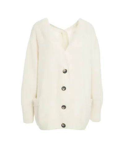 Solotre V-neck Misto Mohair Cardigan With Practical Patch Pockets In White