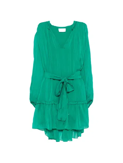 Solotre V-neck Belted Mini Dress In Green
