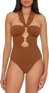 Soluna Standard Buckle Up One Piece Bandeau Swimsuit With Cut Out Neck In Brown In Brown
