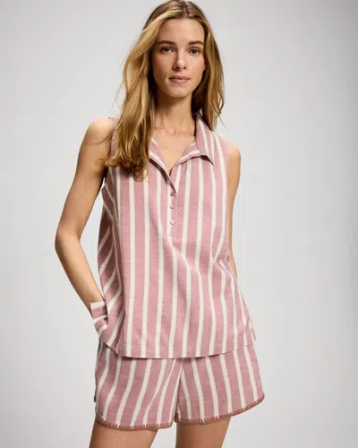 Soma Women's Beach Cotton Relaxed Sleeveless Button Up Henley Top In Pink Size Xs |  In Twilight Rose Stripe