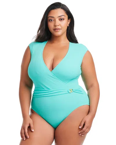 Soma Women's Bleu Rod Beattie Pique Ole Cap Sleeve Surplice One Piece In Green Size 16 |  In Tahiti Teal