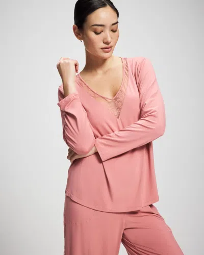 Soma Women's Cool Nights Lace Long Sleeve Pajama Top In Pink Size Xs |  Pajama Sets In Antique Pink