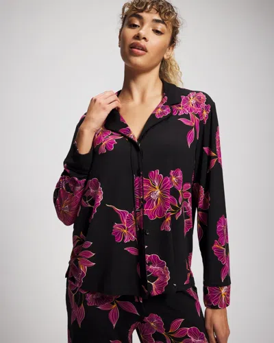 Soma Women's Cool Nights Long Sleeve Button Up Pajama Top In Black Size Small |  Pajama Sets In Gilded Blooms Magenta
