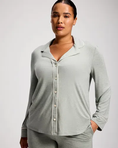 Soma Women's Cool Nights Long Sleeve Button Up W/ Piped Pajama Top In Green Size Medium |  Pajama Set In Heather Evergreen