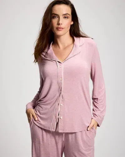 Soma Women's Cool Nights Long Sleeve Button Up W/ Piped Pajama Top In Purple Size Small |  Pajama Set In Heather Powder Plum